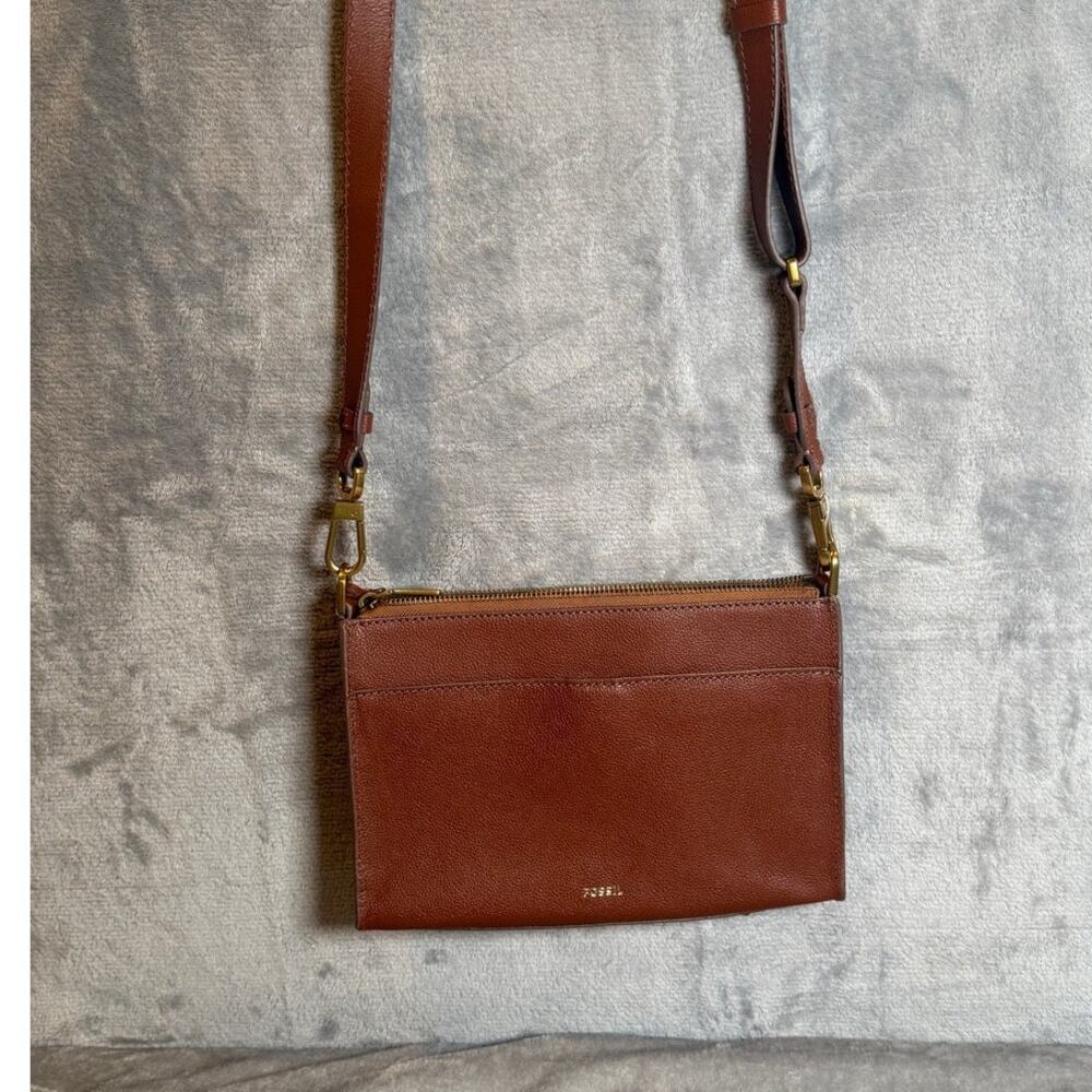 Fossil Brown Pebbled Leather Double Zip Crossbody Bag Adjustable Strap